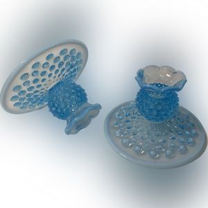 Fenton Blue (Opalescent) Hobnail Pair of Squat Flat Candelsticks